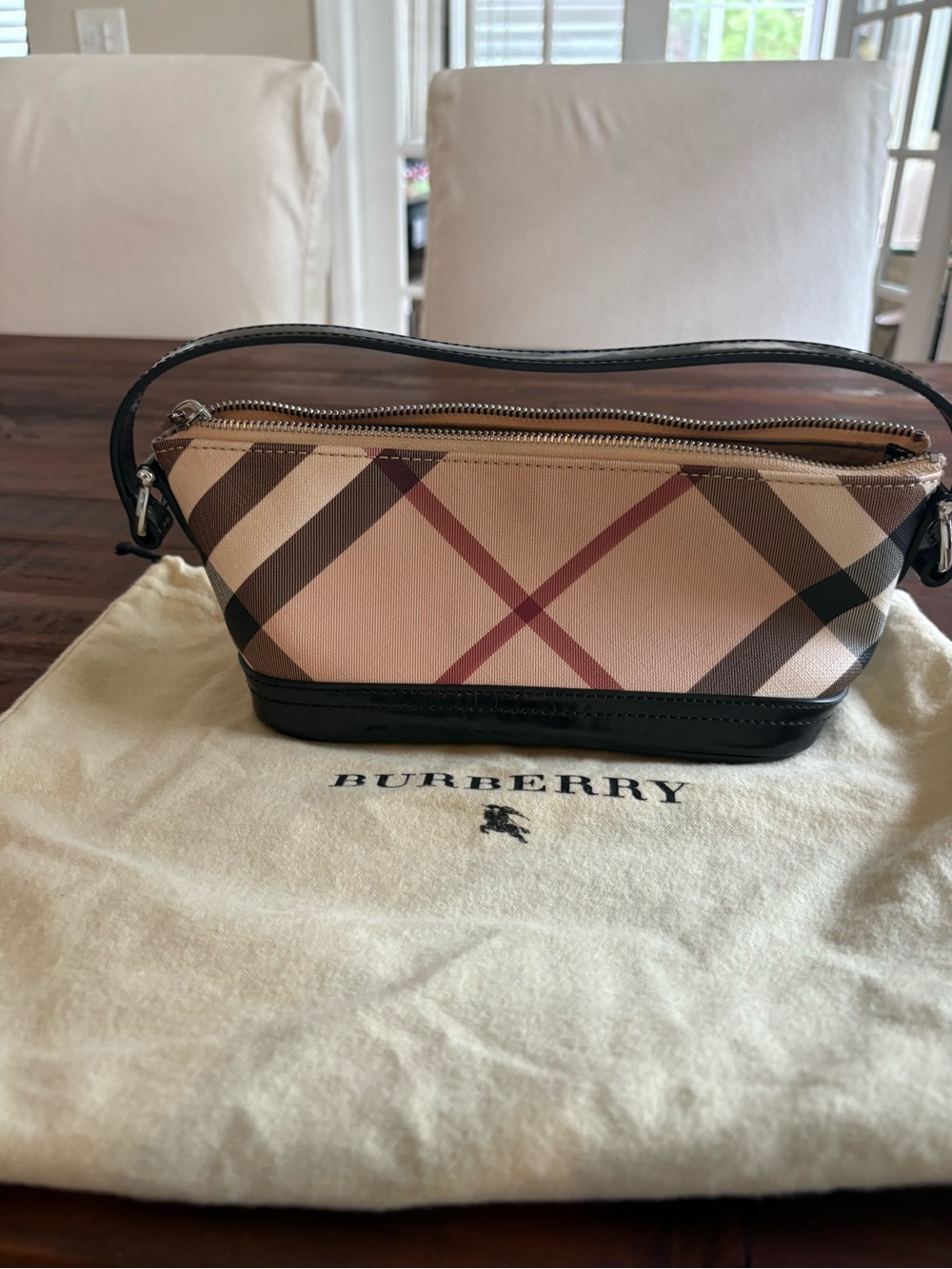Vintage Burberry Haymarket Check Toiletry Travel Pouch Black Leather 10”